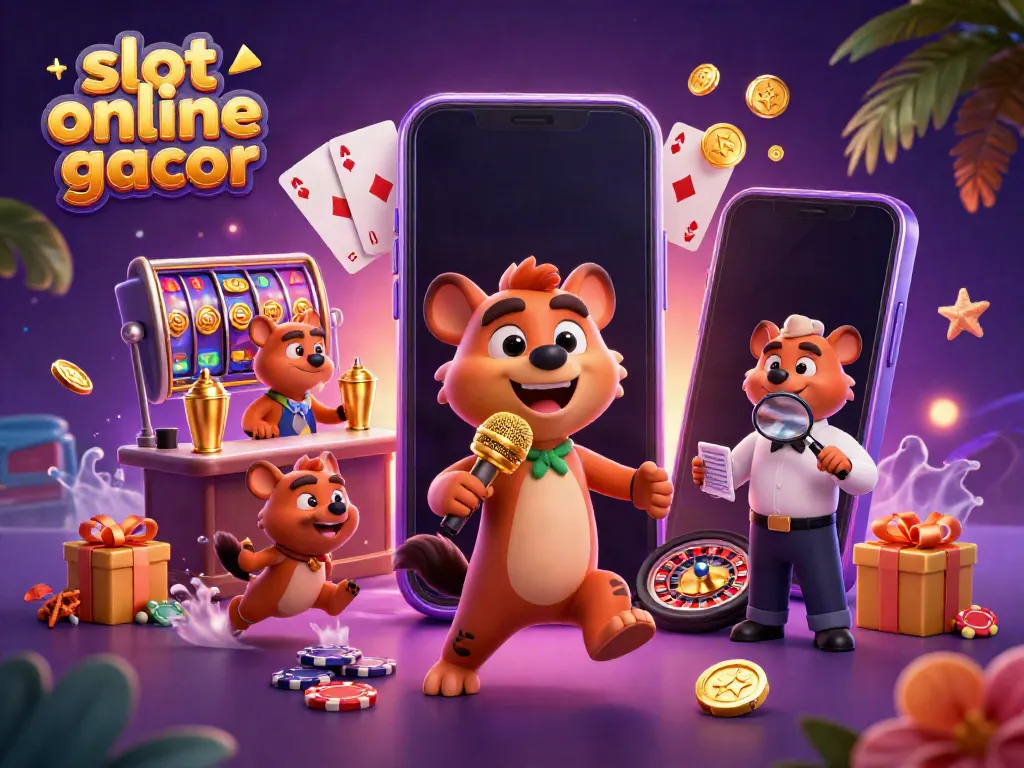 Engaging scene of cartoon hyenas in a comedy casino, highlighting fun around slot online gacor.