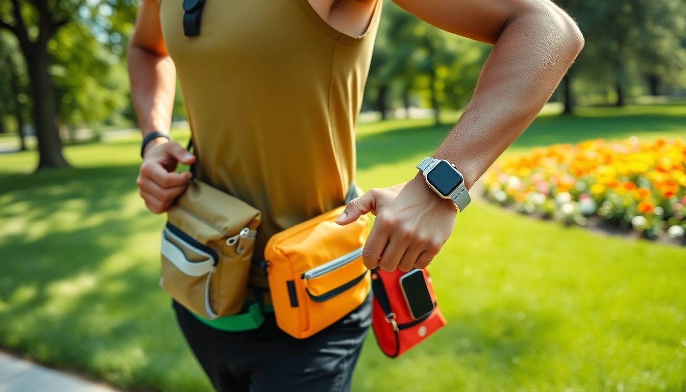 Showcase of running accessories including hydration packs and smartwatches in a vibrant park.