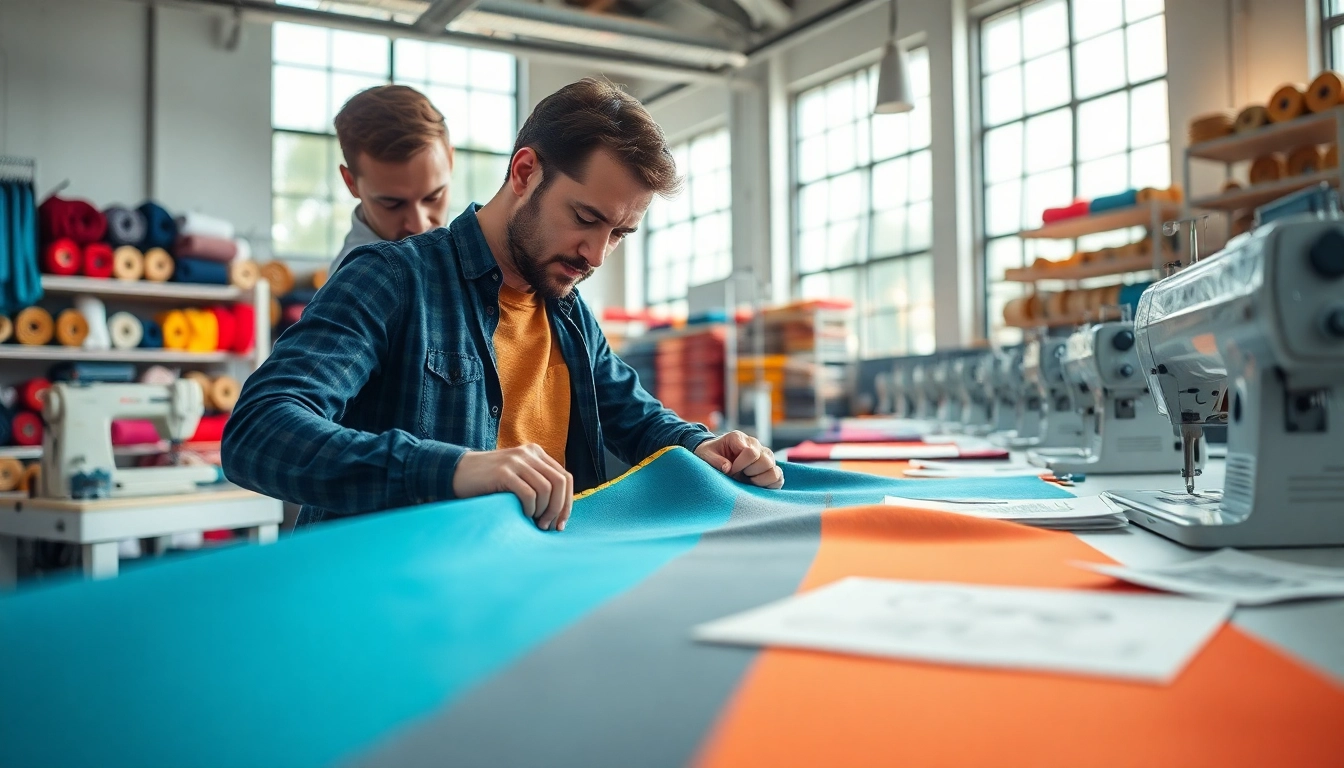 Showcasing apparel manufacturer China with skilled artisans and vibrant textiles in a well-lit workshop.