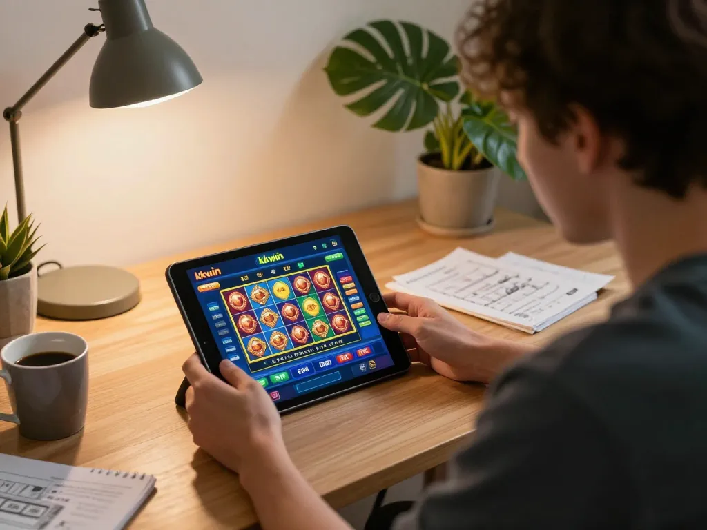 Player enjoying an online kkwin casino experience on a tablet while focusing on winning strategies
