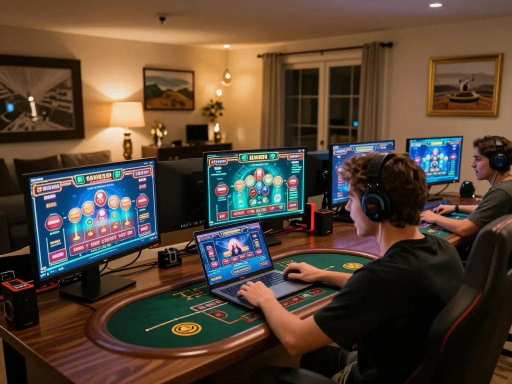 3Win player immersed in online casino gaming at home, showcasing strategic engagement and excitement.