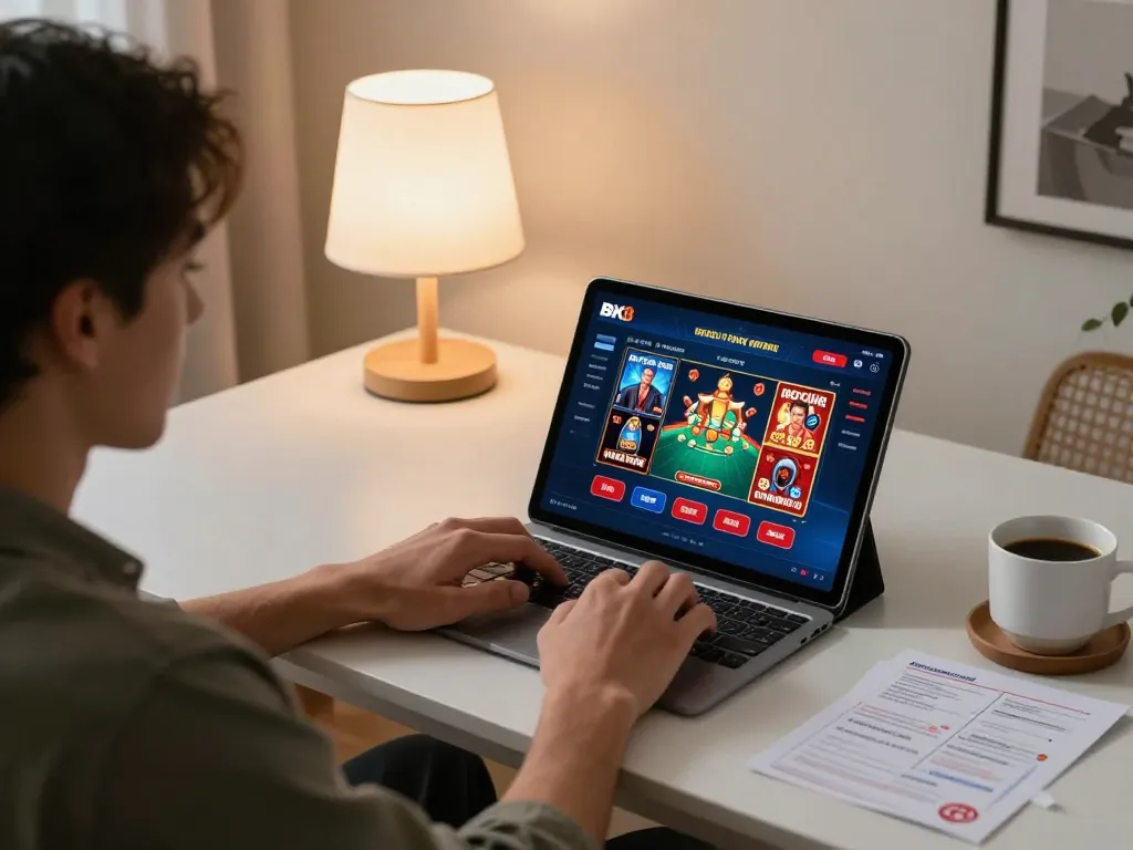 Player engaging with BK8 casino games on tablet in a cozy home setup, showcasing a mix of entertainment and strategy.