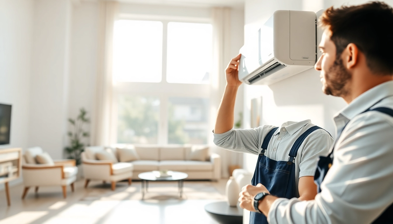 Technician ensuring optimal ductless mini-split installation in a stylish living room.