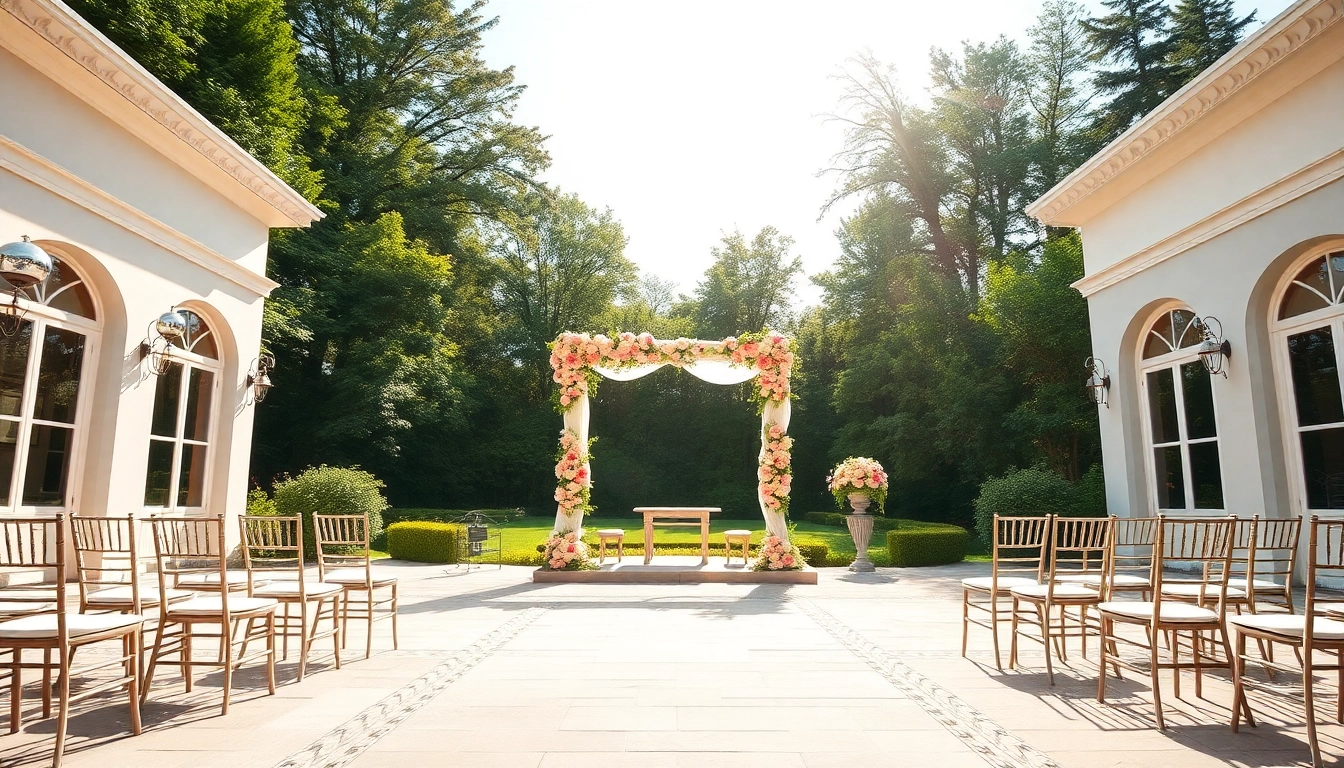 Hochzeitslocation mit üppigem Garten und romantischer Zeremonie-Umgebung an einem sonnigen Tag.
