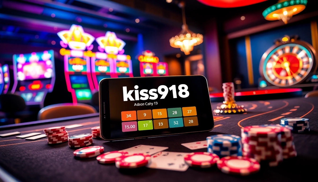 Play thrilling casino games with kiss918 apk on a sleek mobile device among vibrant tables and chips.
