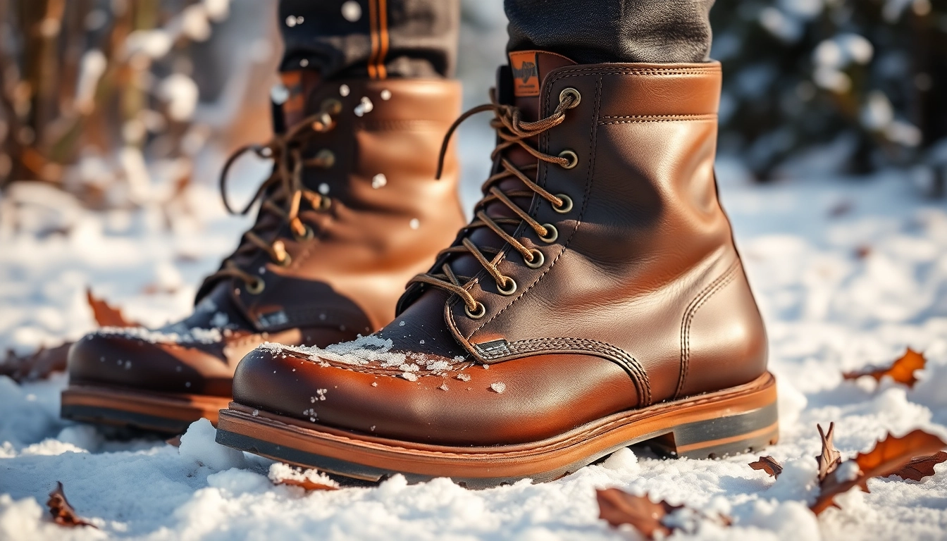 Applying methods on how to waterproof leather boots for winter, showcasing winter conditions and treatment.