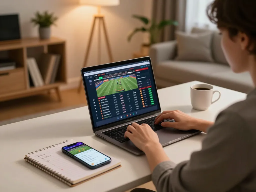 Soi Kèo sports betting scene with live odds on laptop, showcasing a modern home gaming setup.