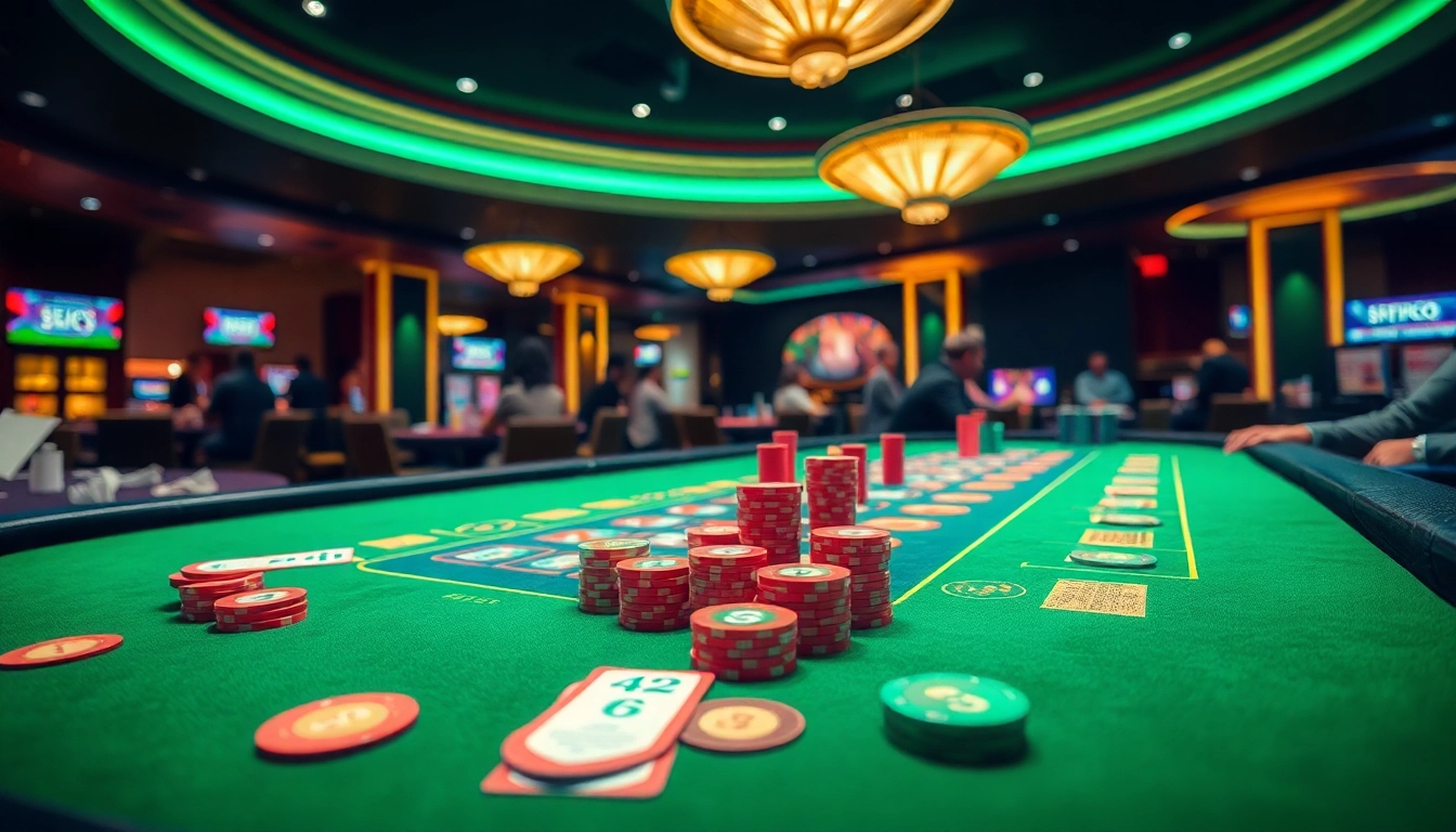 Online casino spielen mit einem eleganten Spiele-Setup und bunten Chips und Karten.