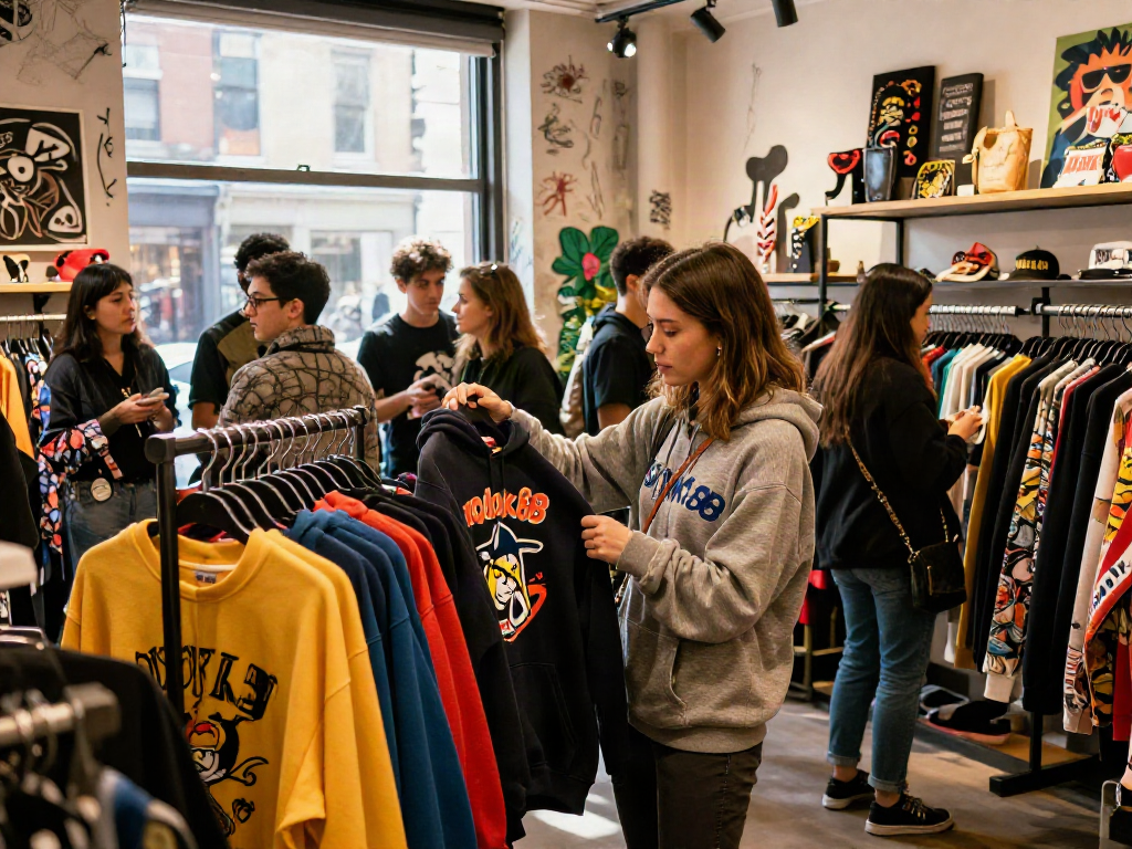 Youthful woman exploring exclusive rokok88 apparel in trendy boutique.