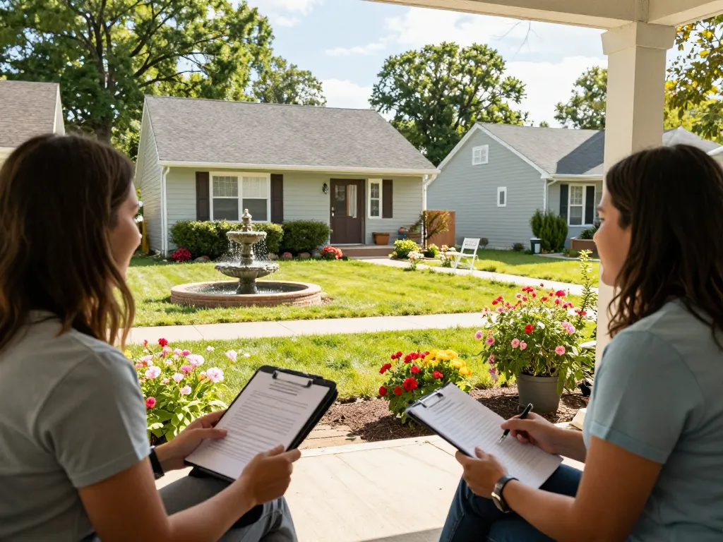 Cash home buyers discussing a sale with a realtor at a suburban home.