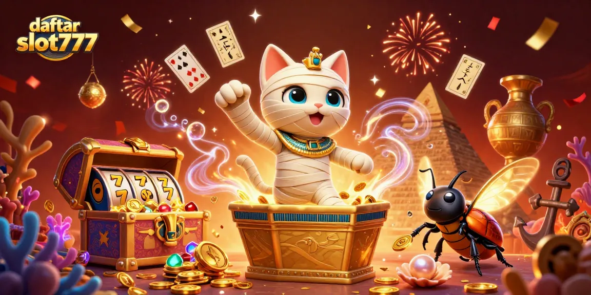 Join the fun with daftar slot777 as the Egyptian mummy cat and scarab beetle reveal vibrant casino treasures!