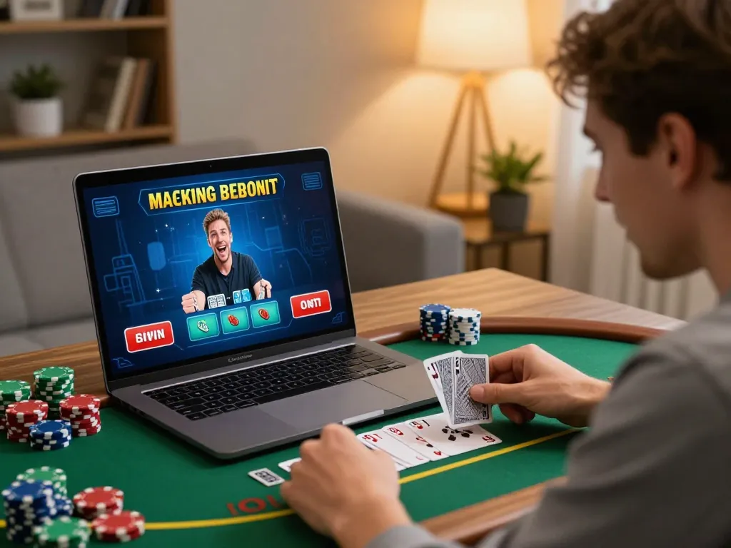 Player engaging in online blackjack game with open88 platform from a cozy home setup filled with plants and books