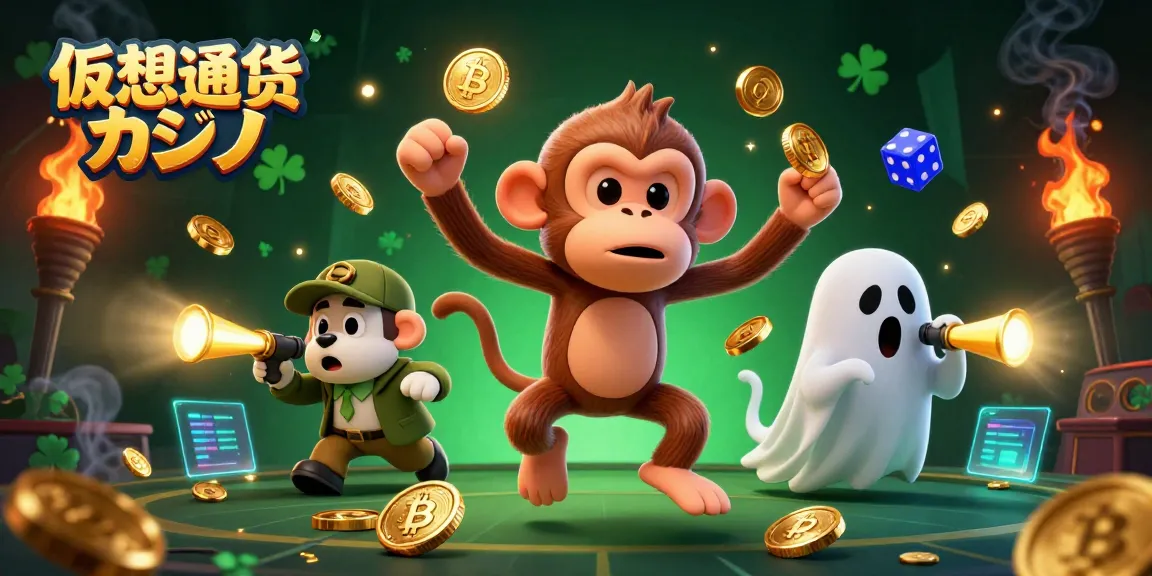 仮想通貨カジノで黄金のオブジェを持ついたずら好きなポルターガイストの猿が遊ぶシーン
