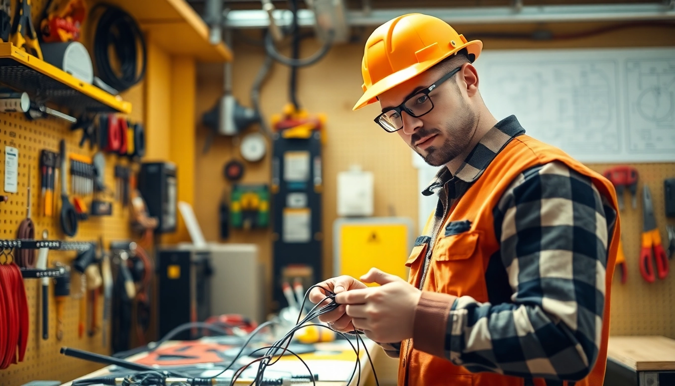 Electrician apprenticeship student connecting wires in a bright workshop environment.