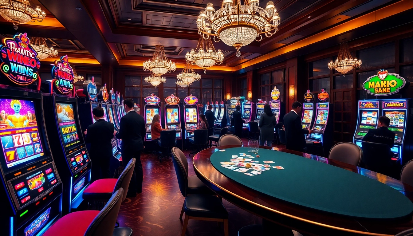 Players enjoying a vibrant pragmatic slot machine experience at an upscale casino.