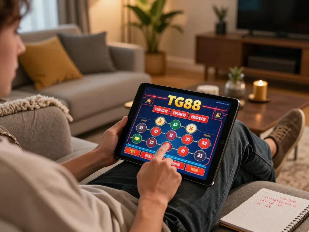 Engaging with TG88 casino app on tablet during a cozy online gaming session.