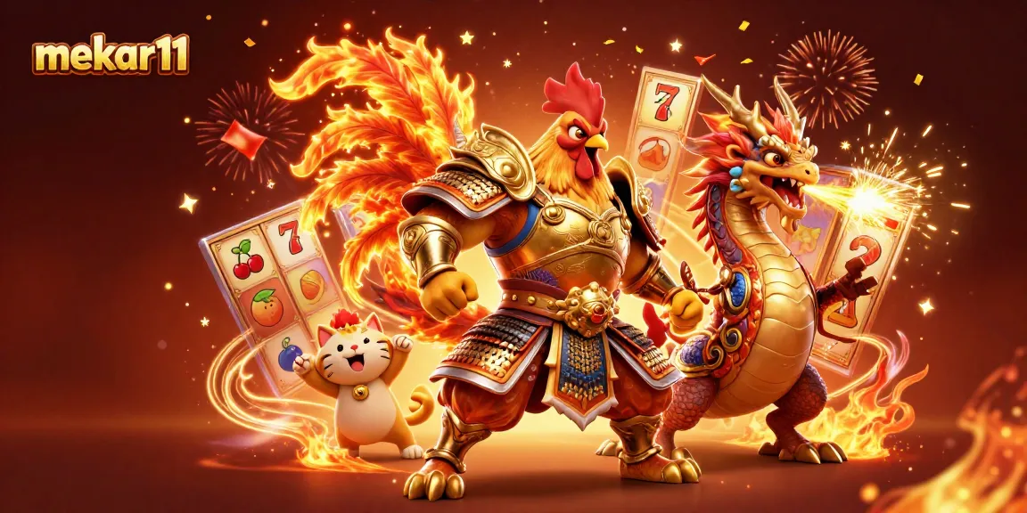 Experience thrilling victories with mekar11 in this dynamic 3D casino scene featuring vibrant slot reels and celebratory elements.