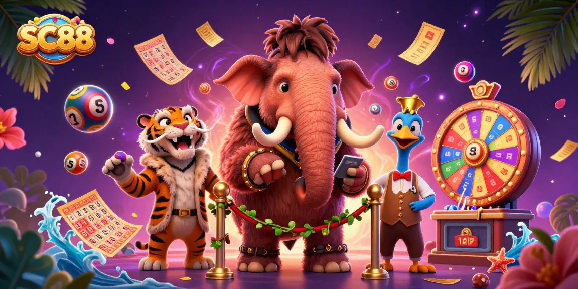 Experience thrilling gaming adventures at SC88 with our vibrant 3D casino scene featuring colorful lottery elements.