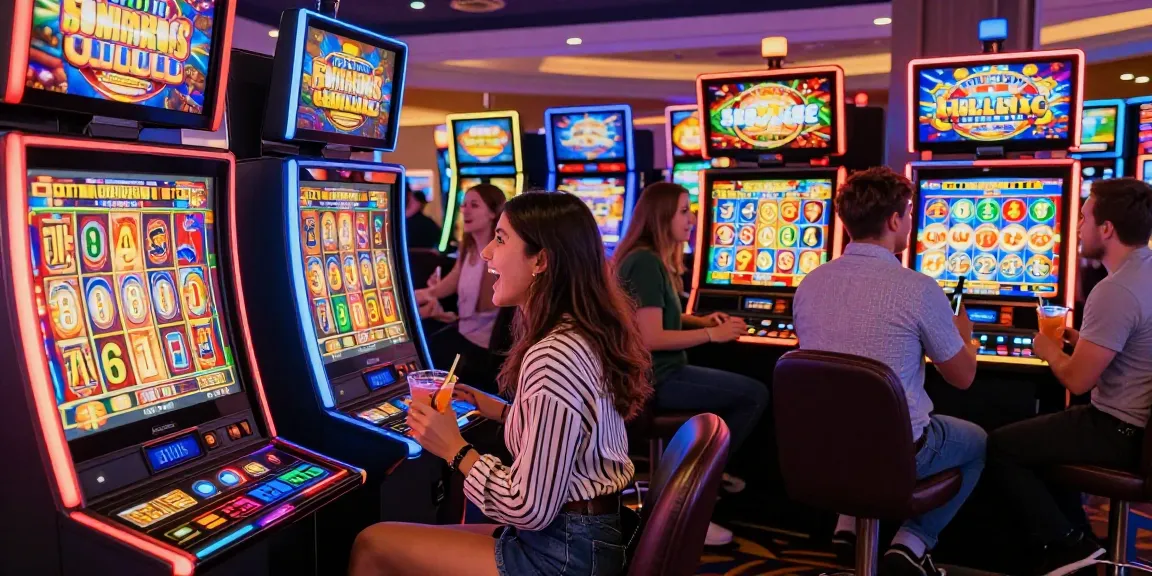 Friends celebrating a jackpot win at a lively slot machine on a bustling casino floor.