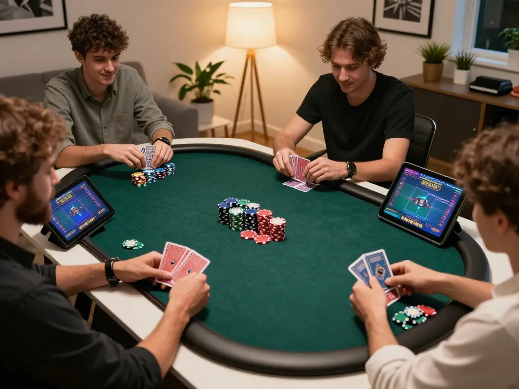 Players engage in exciting poker action while using tg88 online casino platform in a cozy home setting