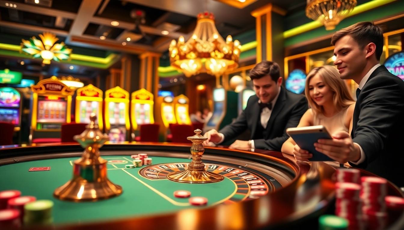 Une scène de jeu mettant en avant l'excitation du casino en ligne avec des jetons de poker et une roulette.