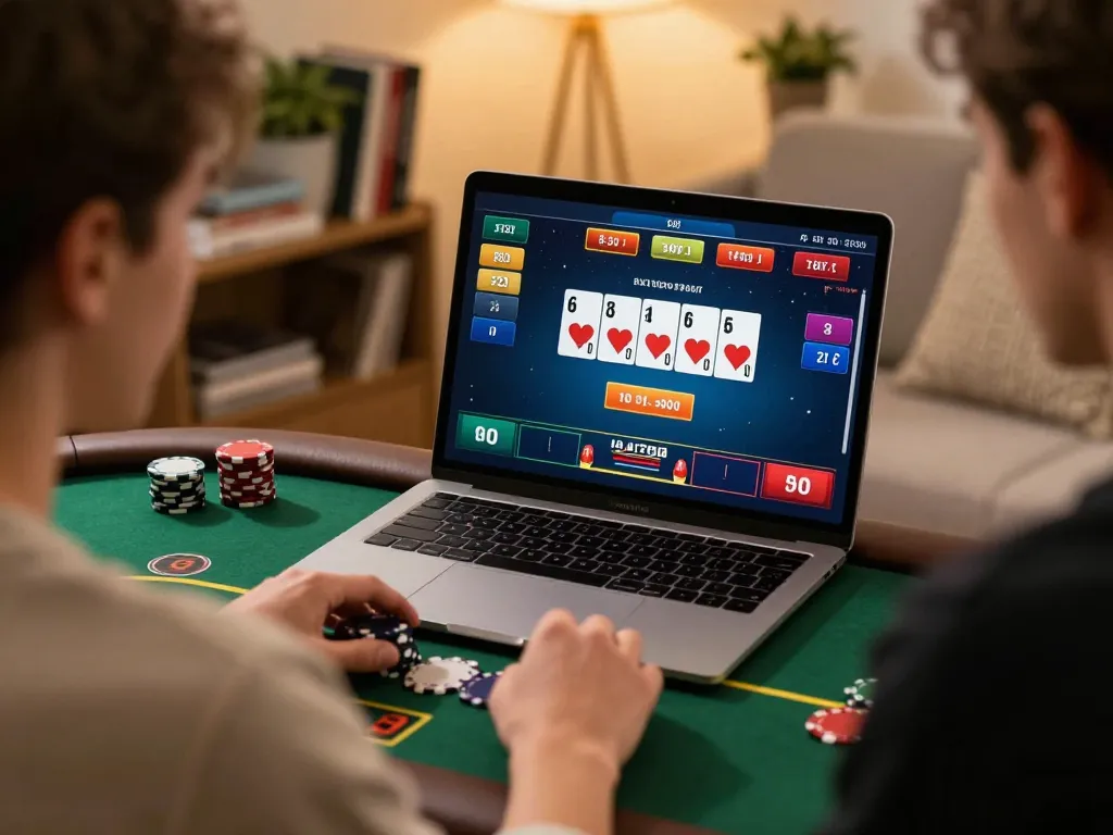 EE88 player enjoying a thrilling online poker game on a laptop in a cozy home office