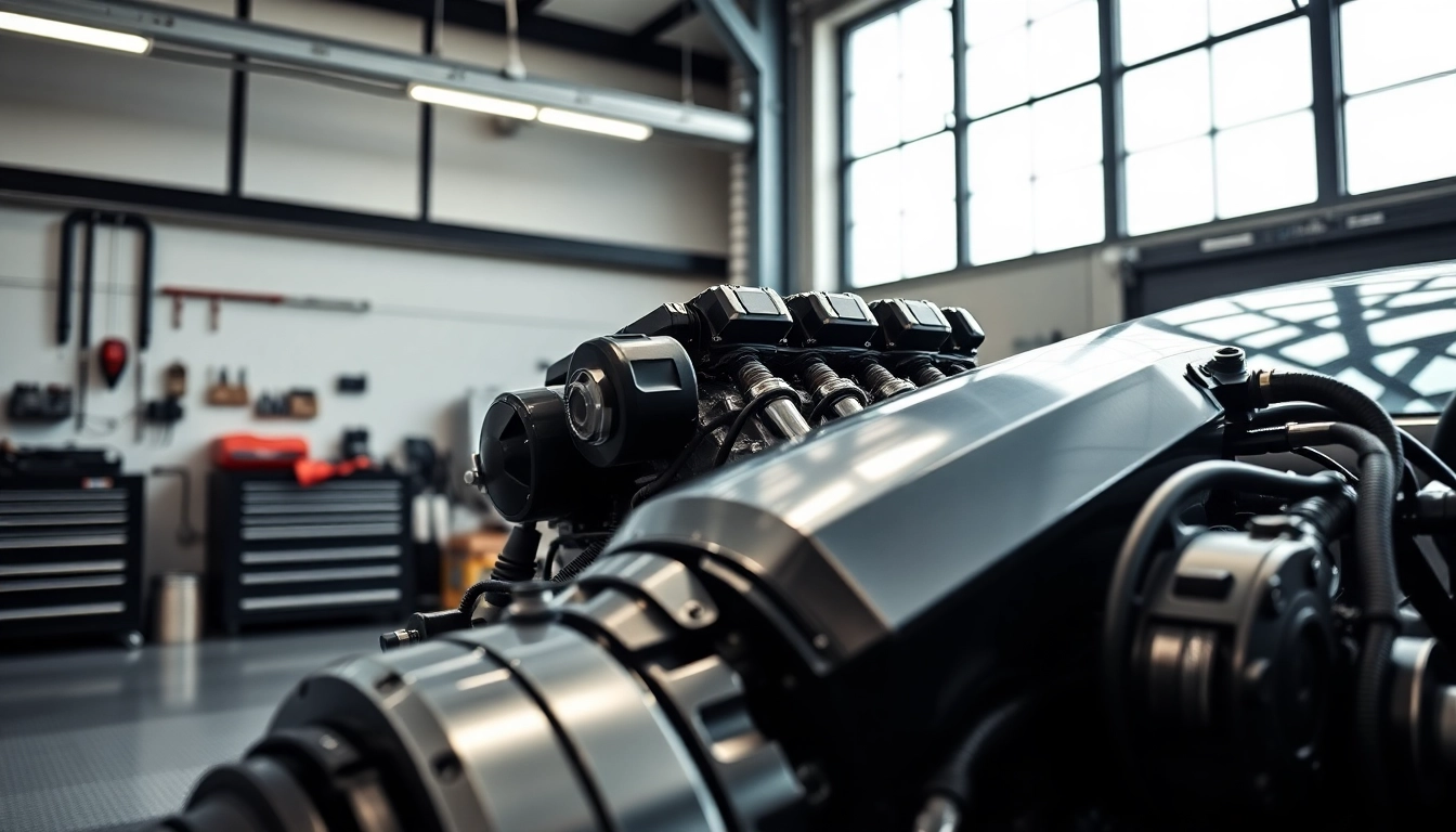 Showcasing BMW G8X S58 Port Injection in a high-tech garage setting with intricate engine details.