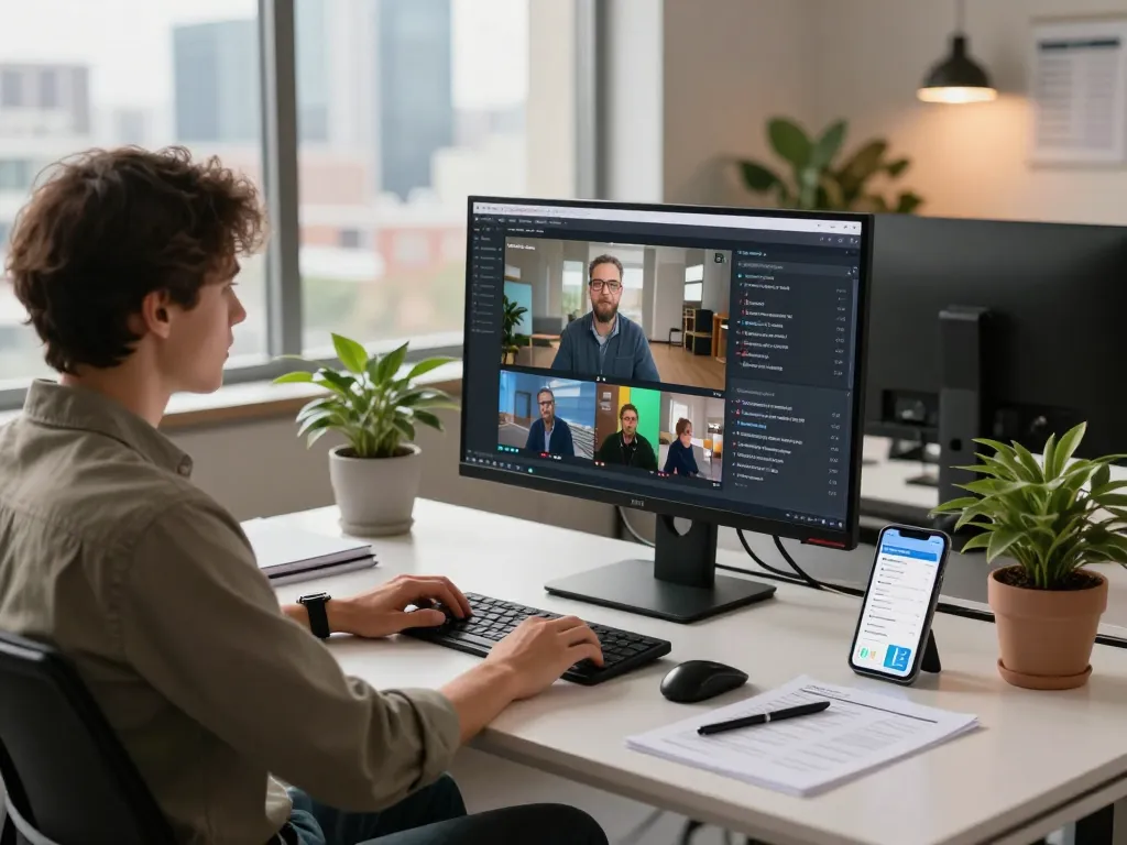 Video to prompt generation setup with an analyst processing video content into AI prompts in a modern office.