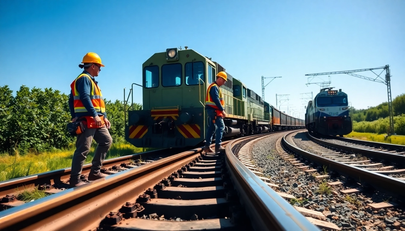 Railroad Maintenance crew actively inspecting railway tracks with safety gear under blue sky.