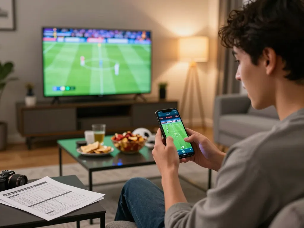Engaged player placing live sports bets using thabet app in modern home setup