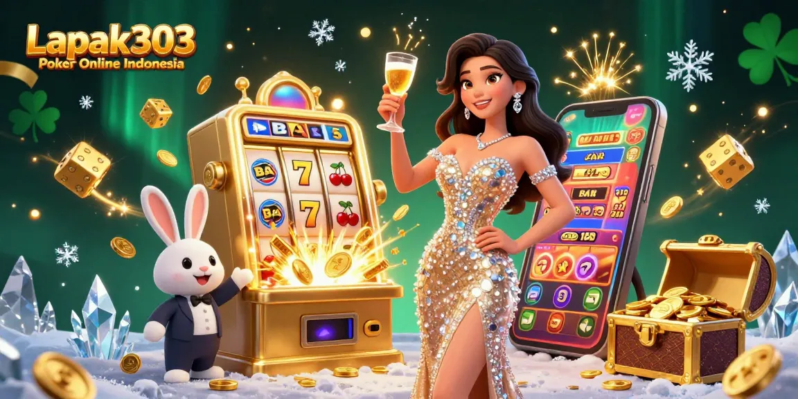 Engaging scene of Lapak303 Poker Online Indonesia showcasing vibrant casino elements with a stunning character toasting.