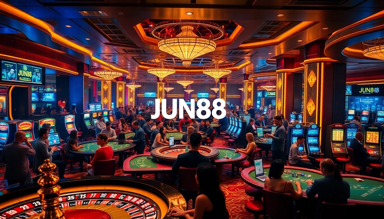 Experience the thrilling atmosphere of JUN88 casino with players at poker tables and vibrant slot machines.