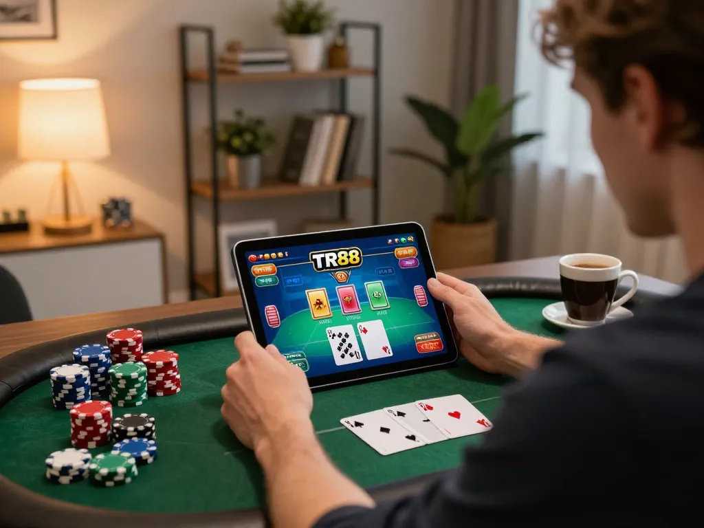Player engaging in a TR88 poker game on a tablet at home, showcasing strategic gameplay.