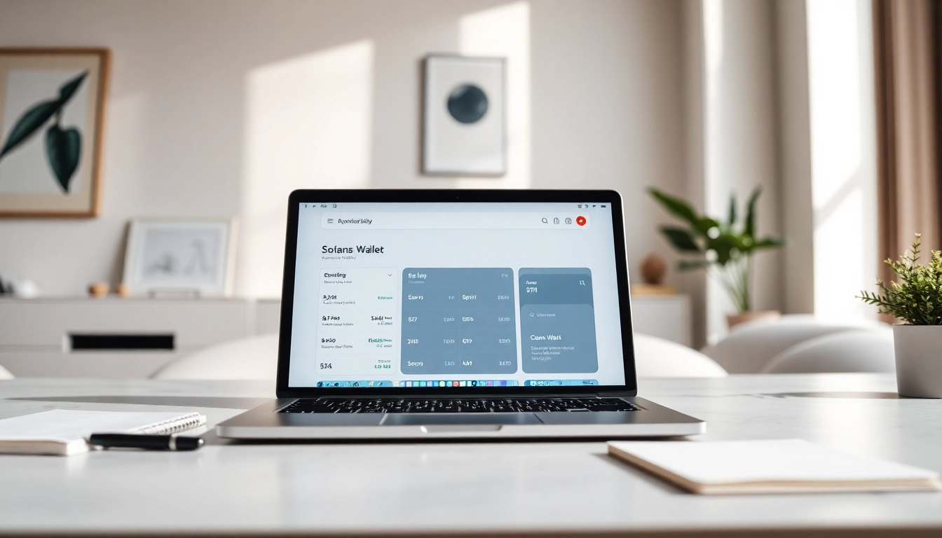 Showcasing a Solana Wallet interface on a modern laptop in a creative workspace.
