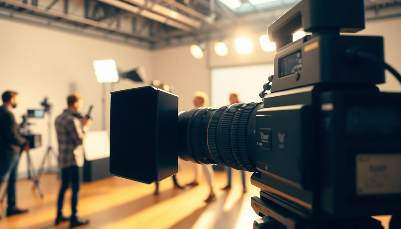 Cinematic video production setup featuring a crew and professional cameras in an active studio setting