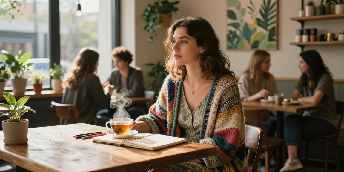 Stylish woman in a handmade cardigan enjoying tea in a cozy café.