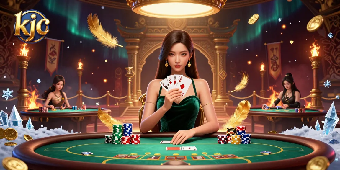 Experience high-stakes poker action at KJC with a poised dealer and stunning gameplay.