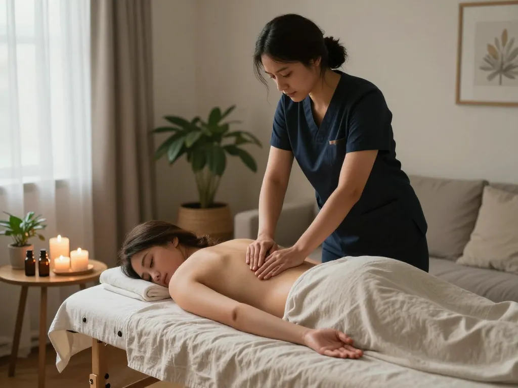 Relaxing aromatherapy massage at home by https://www.maxim-anma.net, creating a serene environment for healing.