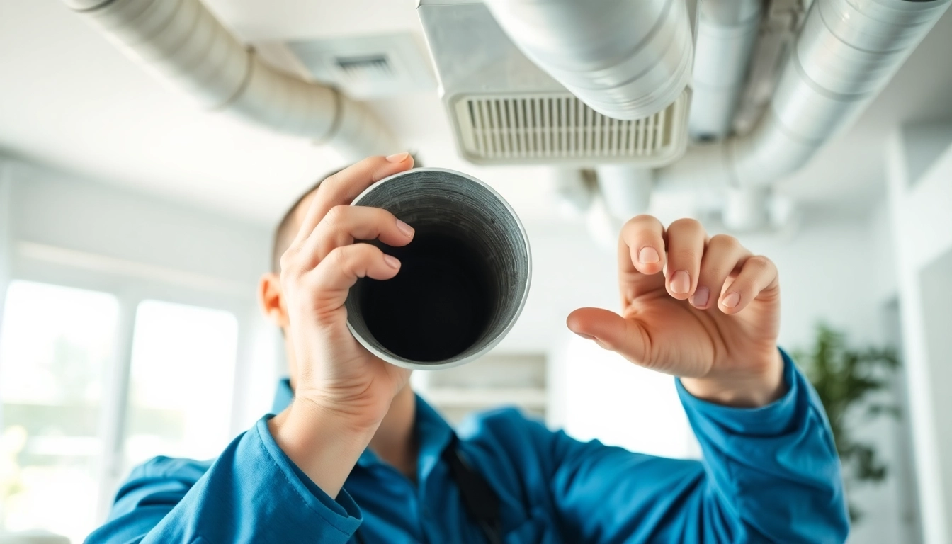 Dust removal during duct cleaning and HVAC inspection showcasing effective airflow assessment.