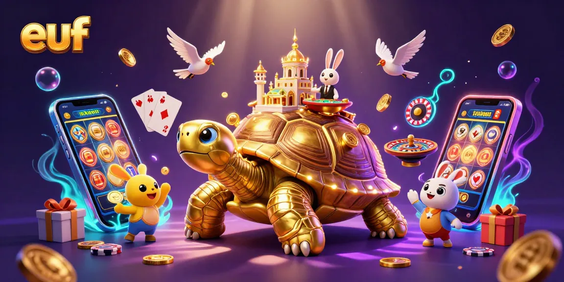 Experience the thrill of euf credit card casinos with vibrant cartoon imagery showcasing golden tortoise and rabbit dealer.