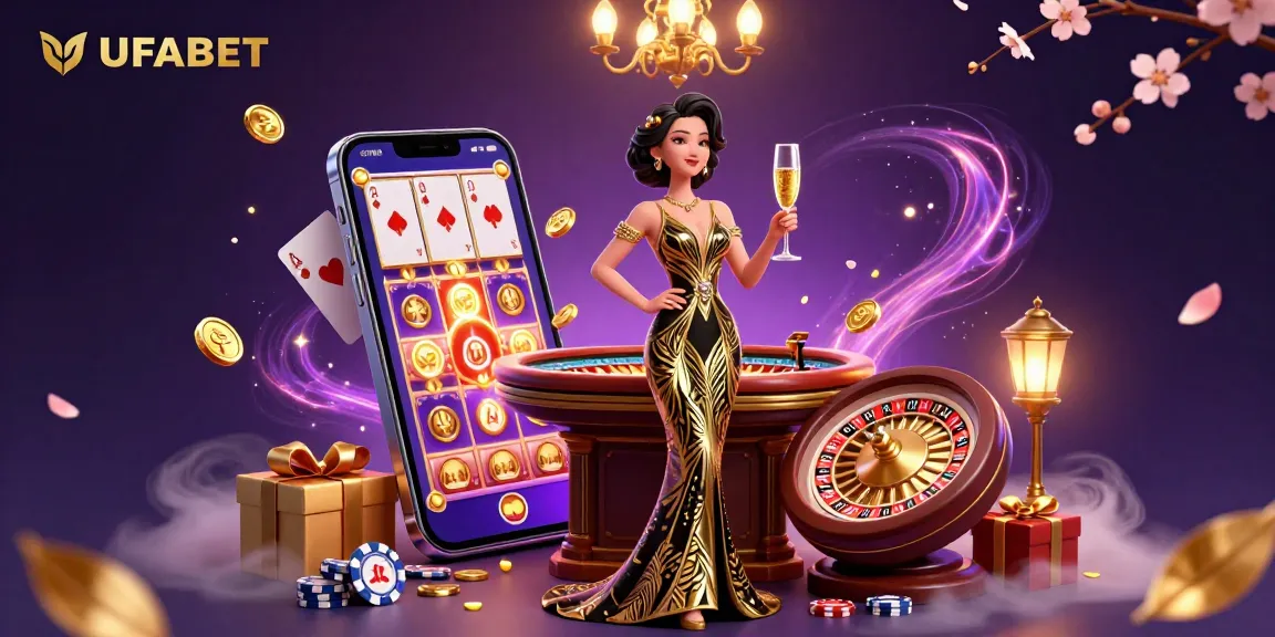 Experience the thrill of UFABET with a glamorous Asian woman amid a vibrant casino setting, showcasing poker, slots, and roulette.