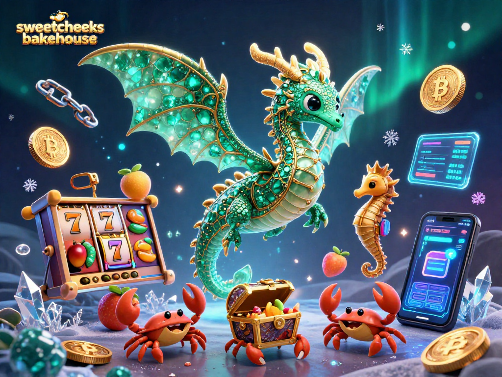 Experience thrilling gameplay with sweetcheeksbakehouse's vibrant casino scene featuring slot reels and dragons.