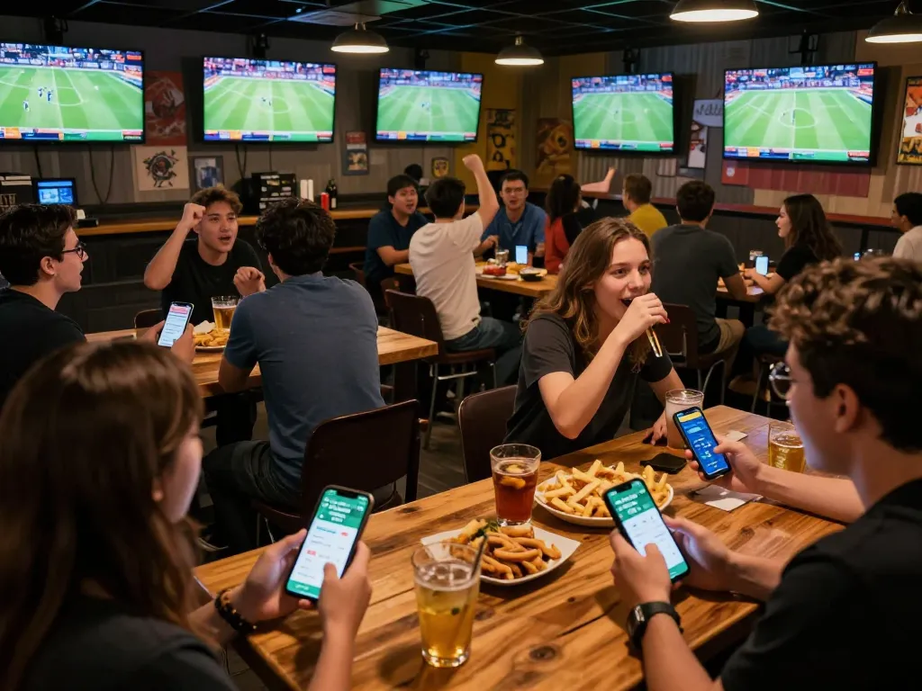 Bong da lu app used for live sports betting analysis at a lively sports bar.