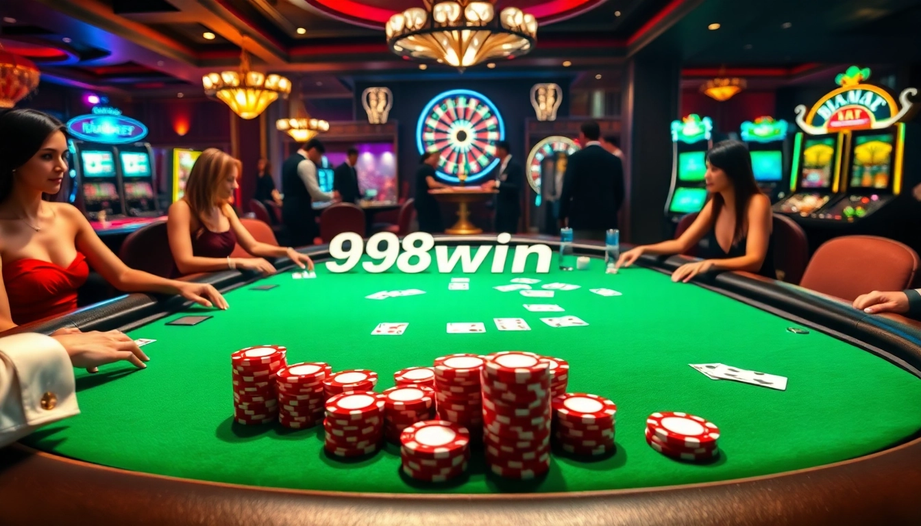 Players engaging in an intense poker game at 98win.com with shining chips and cards.