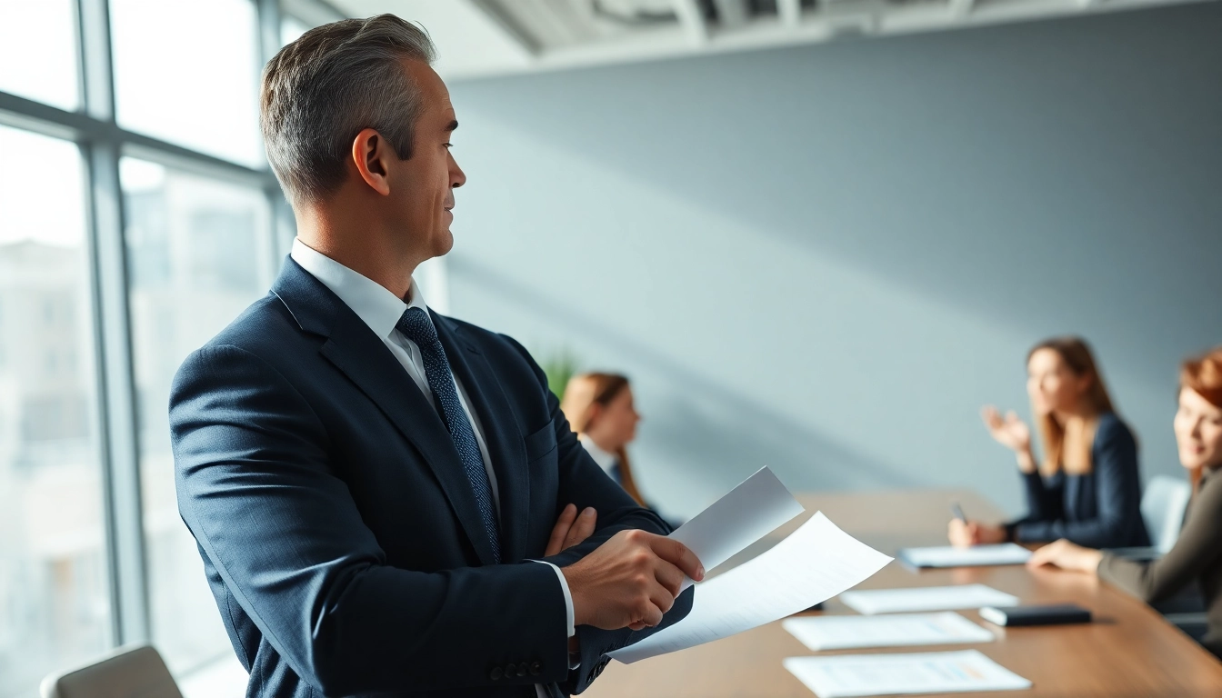 Legal Recoveries: Attorney discussing case details with clients in a modern office.