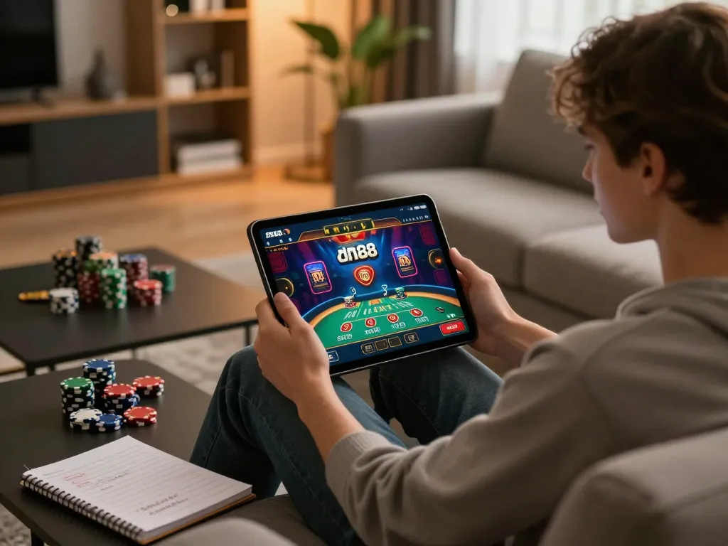 Experience thrilling gameplay on dn88 casino app in cozy home setting with tablet and poker chips.