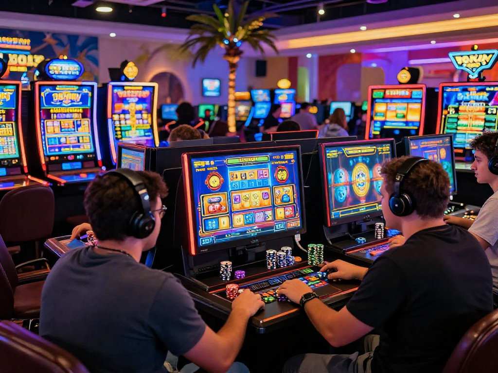 Players enjoying exciting bonus buy slots at a lively online casino, showcasing vibrant screens and engaging gameplay.