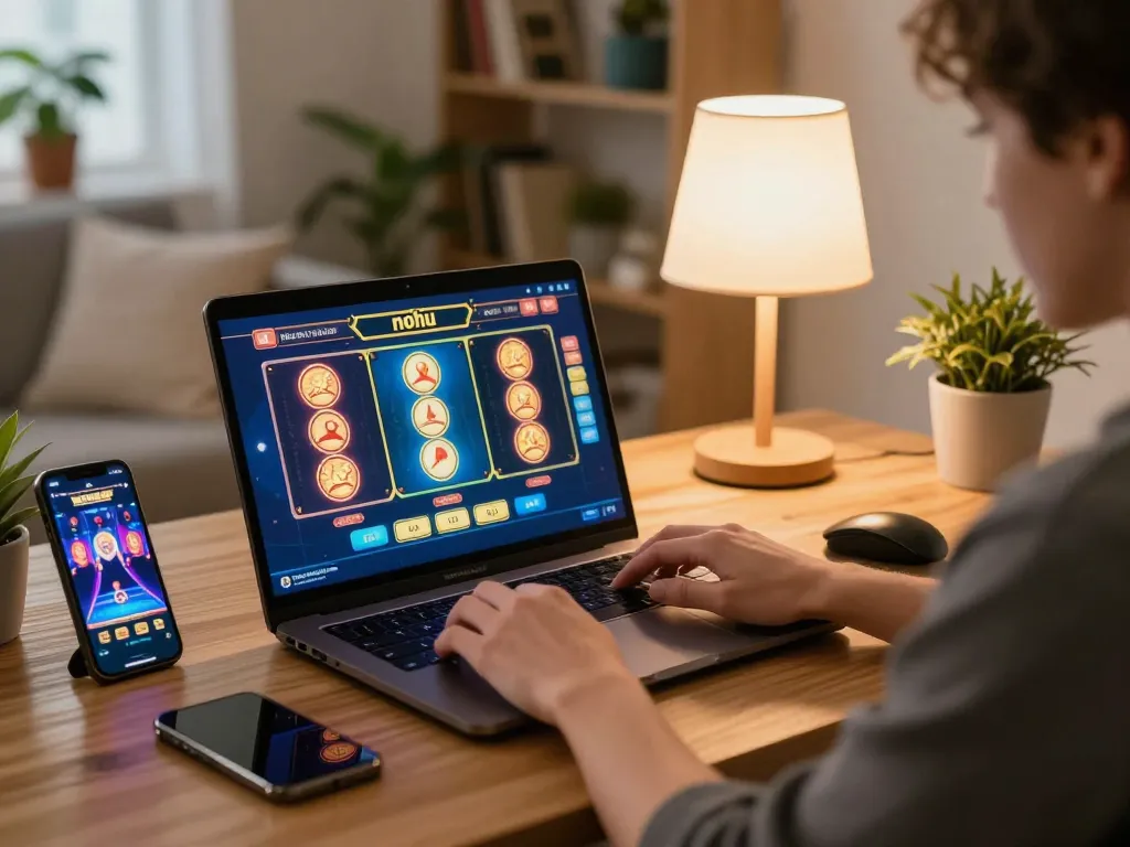 Player spinning nohu slot game on gaming laptop in cozy home setup, capturing excitement in online gambling