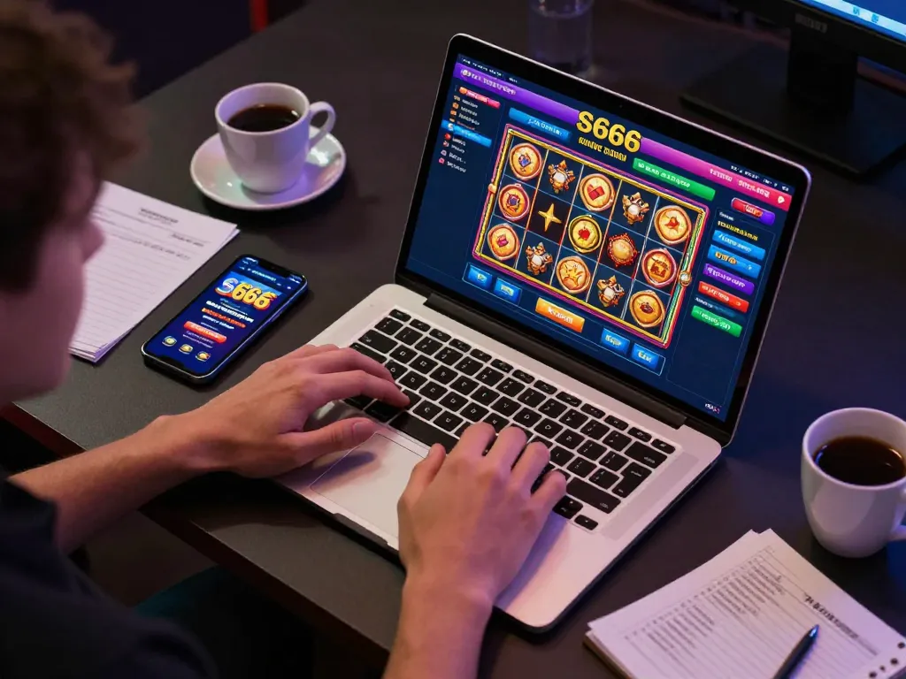 S666 online gaming session with a player engaging in a vibrant casino interface and strategy notes.