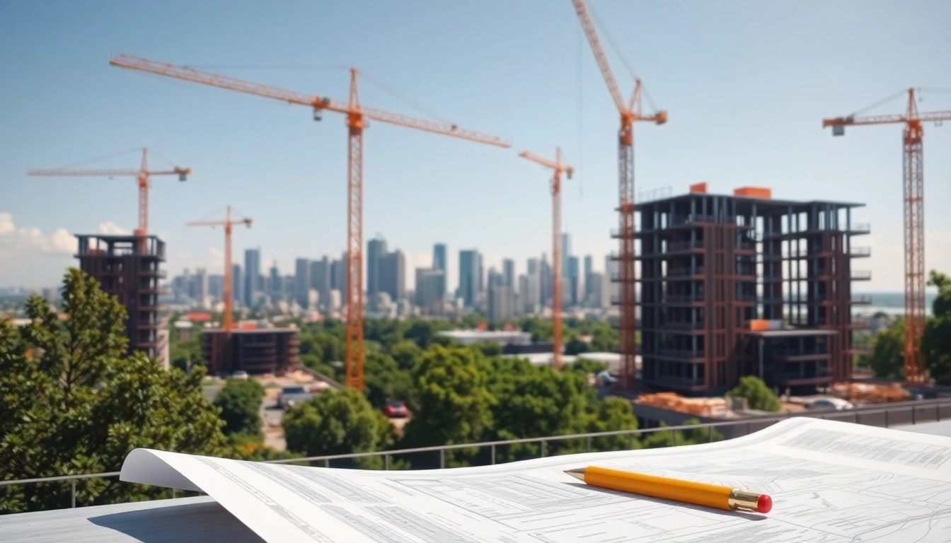 Real Estate Development site bustling with activity, featuring cranes and blueprints.